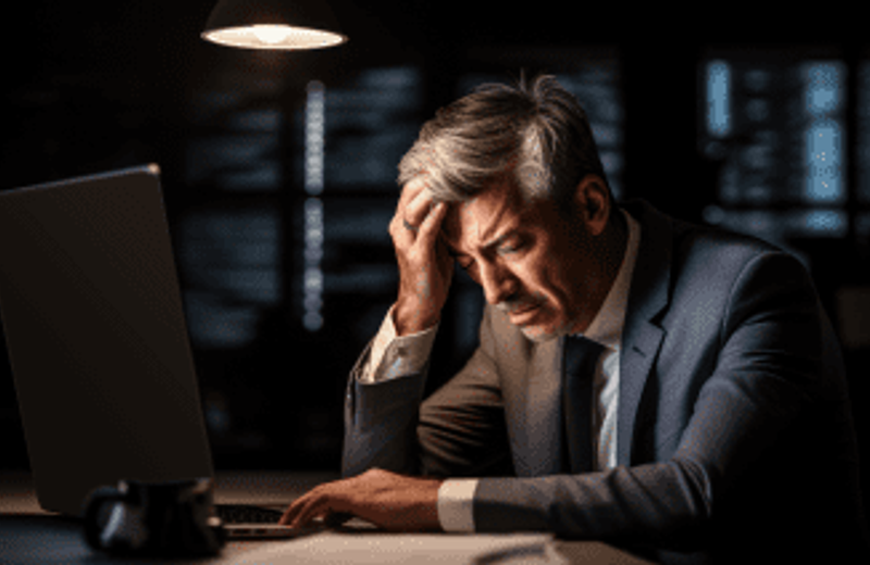 zmartwiony mężczyzna opierający się o biurko